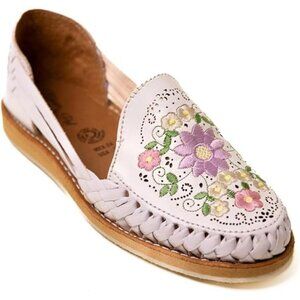 Handcrafted White Leather Flat Sandals Women's Size 6 Slip On Floral Embroidery